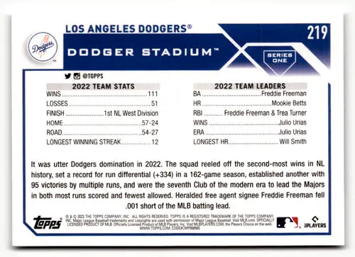 2023 Topps #219 Los Angeles Dodgers NM-MT ID:49577 - Trading Cards