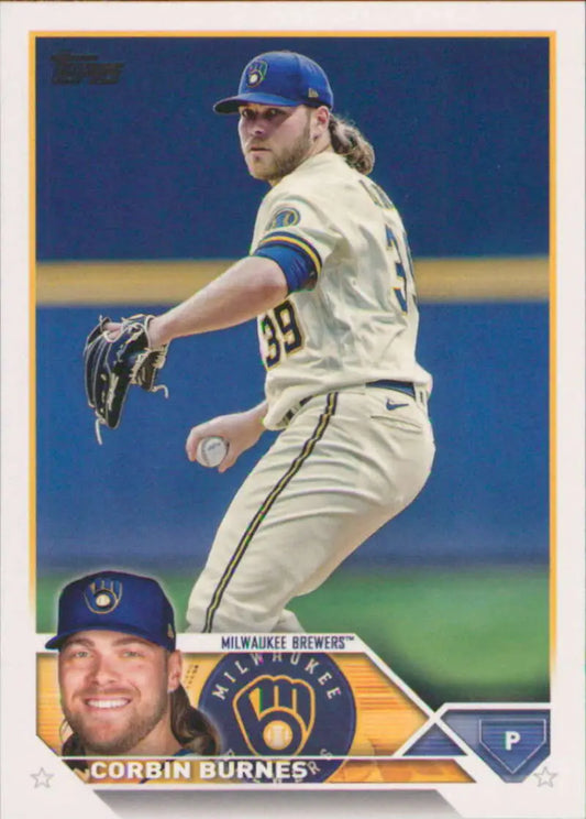 Corbin Burnes throwing pose in cream uniform on Milwaukee Brewers Baseball Card