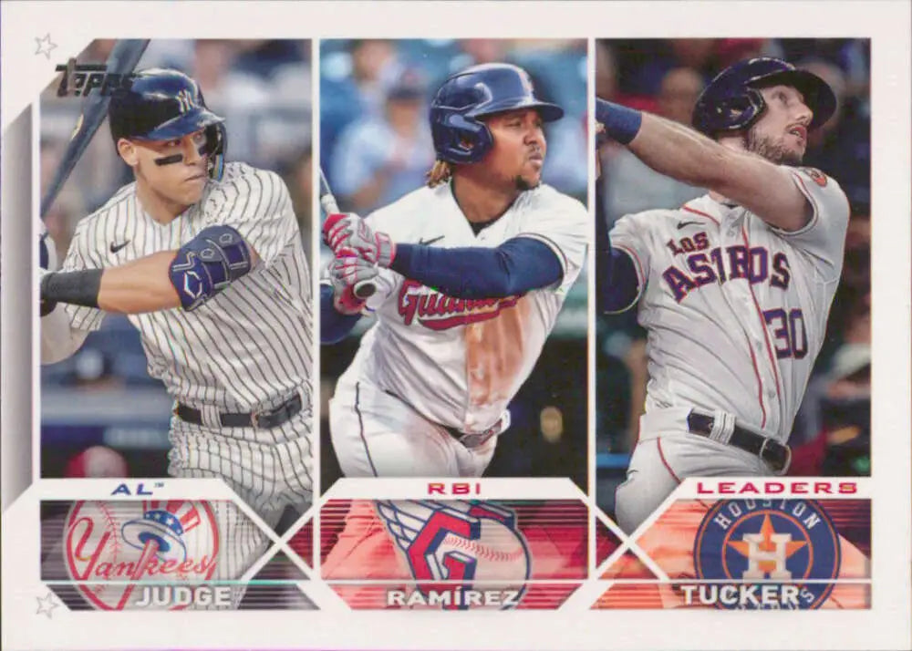 Baseball card featuring Kyle Tucker, Jose Ramirez, and Aaron Judge from 2023 Topps NM-MT series