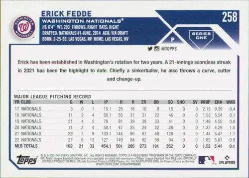 2023 Topps #258 Erick Fedde NM-MT Nationals ID:57956 - Trading Cards