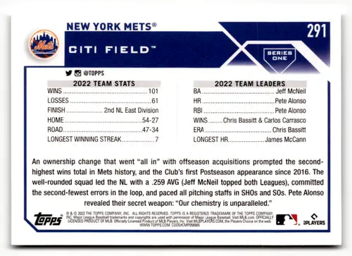 2023 Topps #291 New York Mets NM-MT ID:49597 - Trading Cards