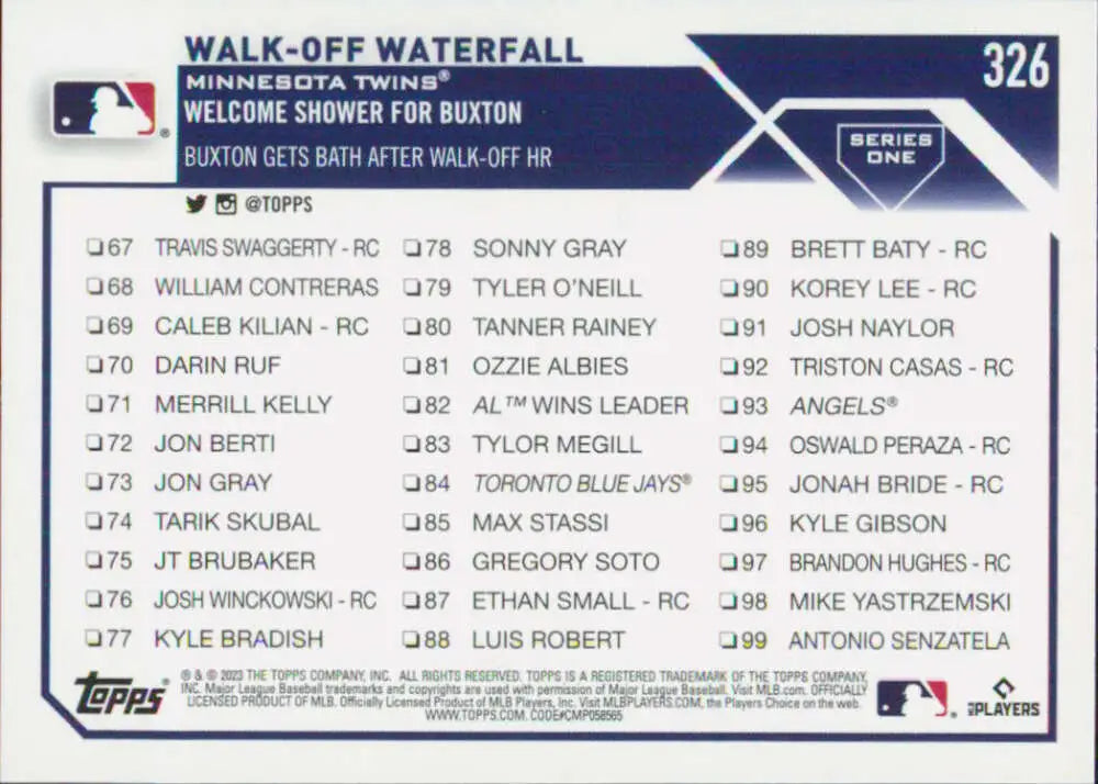 Baseball card back featuring Byron Buxton of the Minnesota Twins 2023 Topps #326