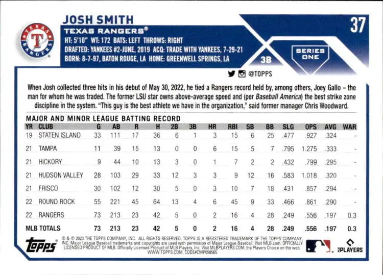 2023 Topps Josh Smith Texas Rangers baseball card rookie NM-MT #37