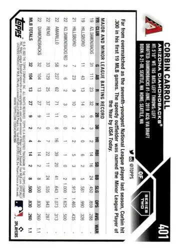 Original gloss baseball trading card featuring Corbin Carroll rookie Diamondbacks 2023 Topps