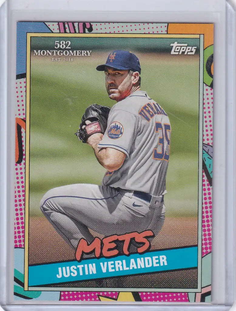 Baseball card of Justin Verlander mid-throw in 2023 Topps Montgomery Set, New York Mets