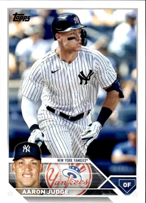 Baseball card of Aaron Judge in pinstripe New York Yankees uniform from 2023 Topps series