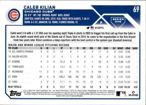 2023 Topps #69 Caleb Kilian NM-MT RC Rookie Cubs ID:49553 - Trading Cards
