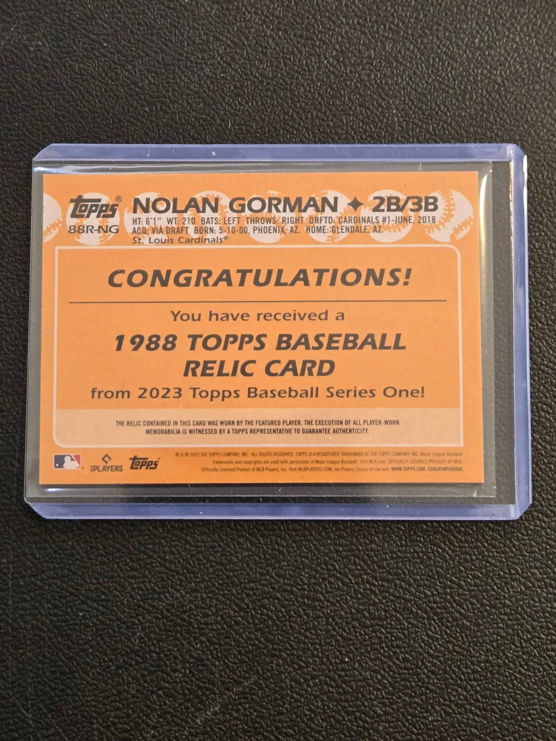 Nolan Gorman 1988 Topps Baseball Relic Card from 2023 Topps Baseball 35th Anniversary