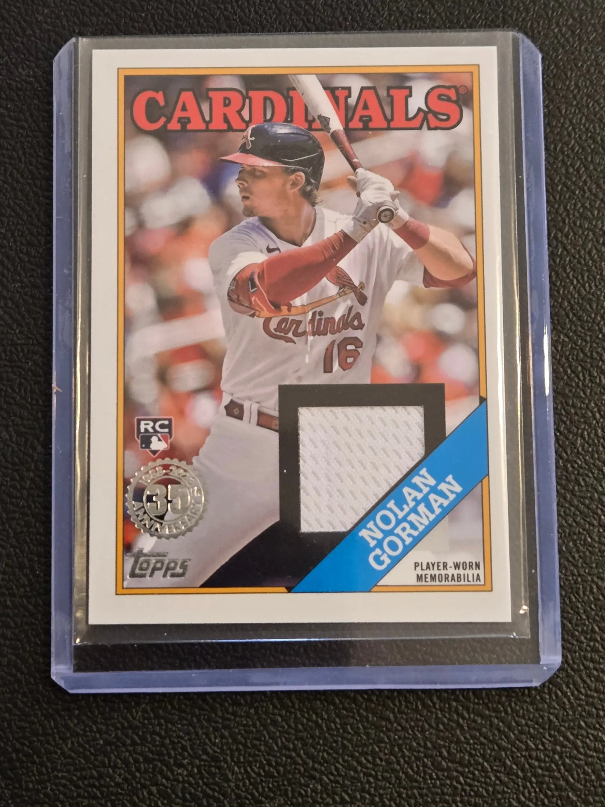 Nolan Gorman player-worn memorabilia baseball card from 2023 Topps #88R-NG Baseball 35th Anniversary
