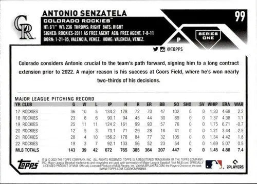 2023 Topps #99 Antonio Senzatela NM-MT Rockies ID:49623 - Trading Cards