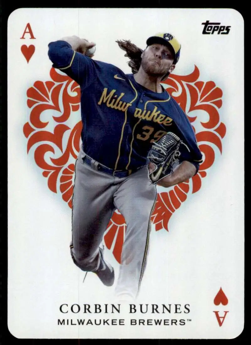Corbin Burnes in Milwaukee Brewers uniform pitching against heart backdrop baseball card