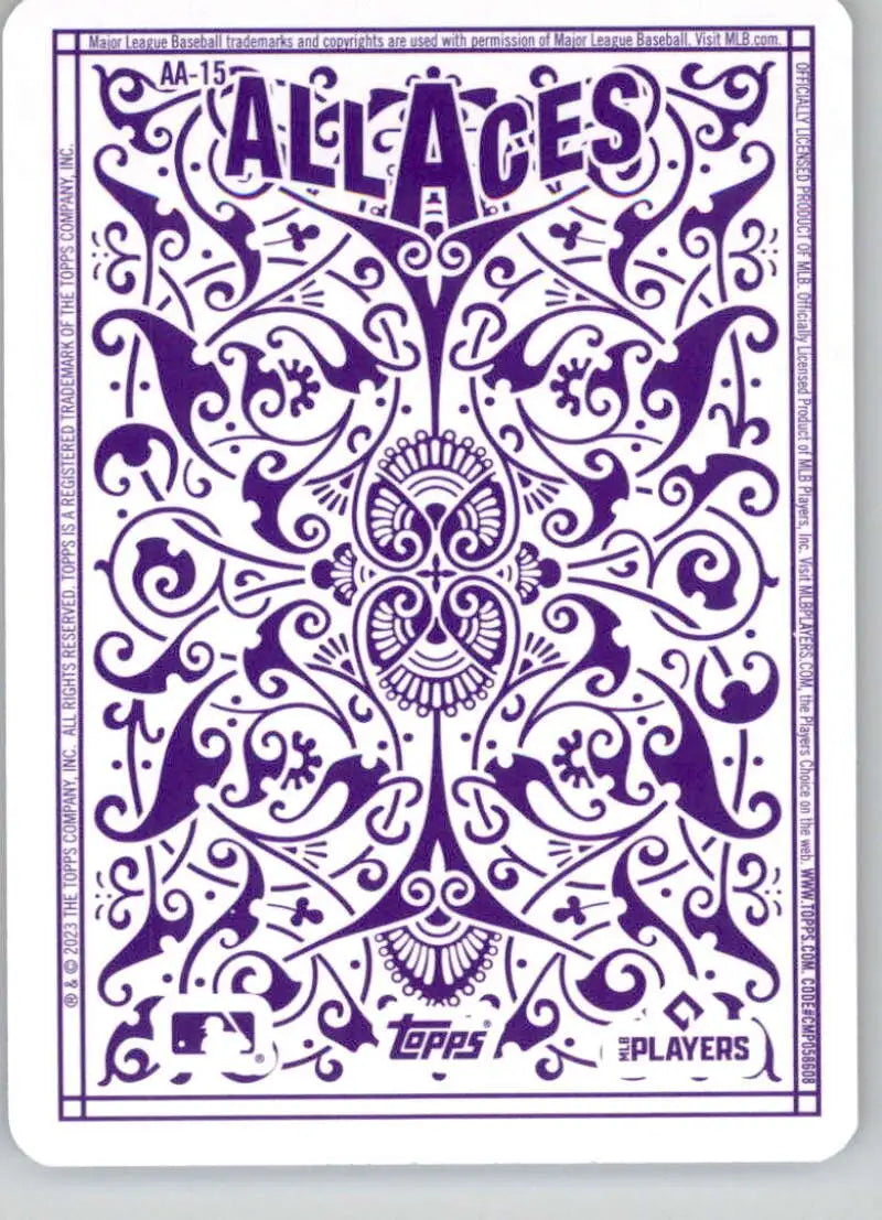 Purple and white decorative playing card back design featuring ALL ACES text for Shane Bieber Baseball Card