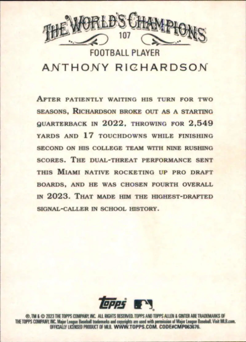 Topps Allen and Ginter 2023 Anthony Richardson Baseball Card with career statistics