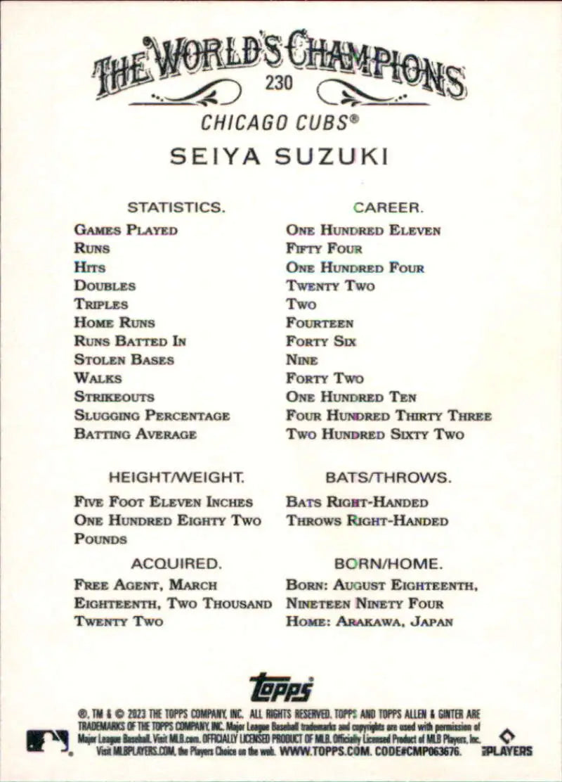 Seiya Suzuki Chicago Cubs baseball card displaying career statistics and information