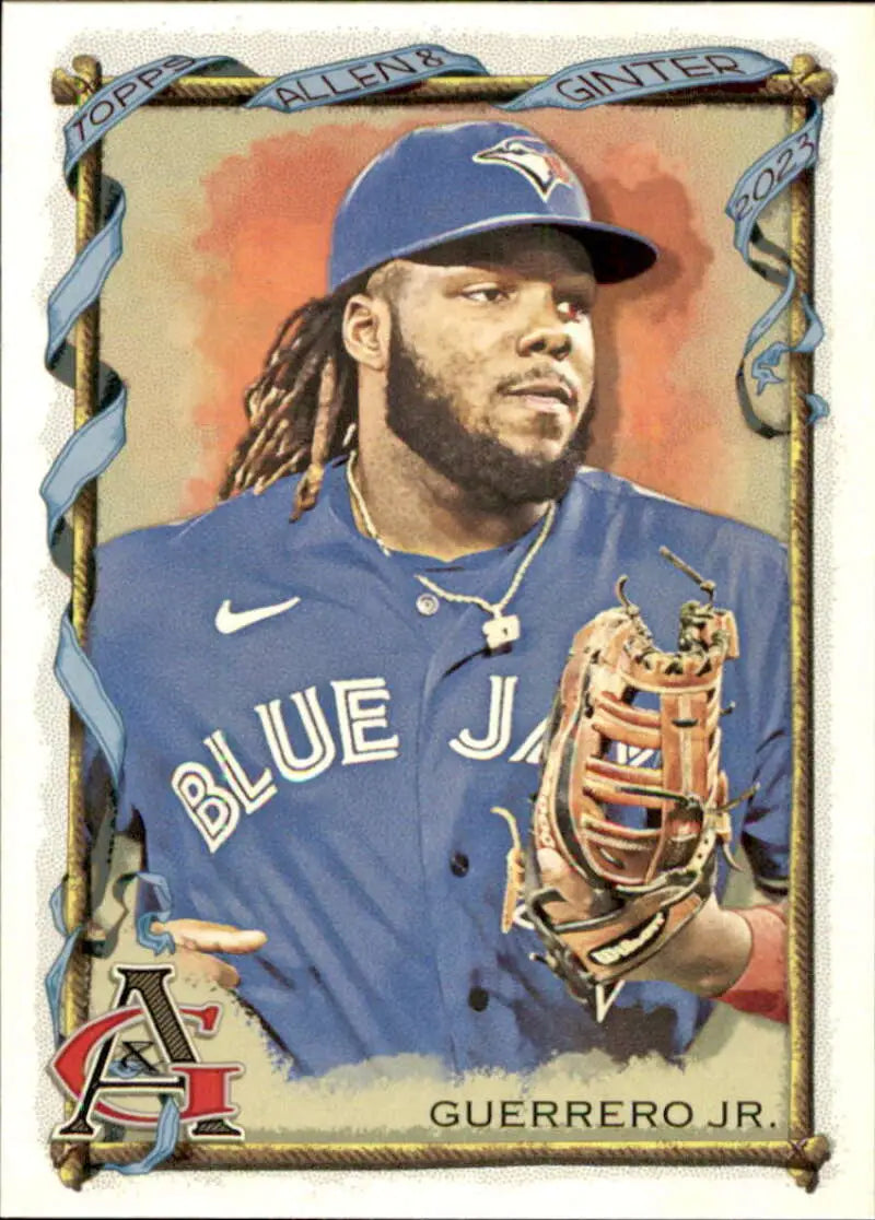 Toronto Blue Jays Baseball Card featuring Vladimir Guerrero Jr. in blue jersey with glove