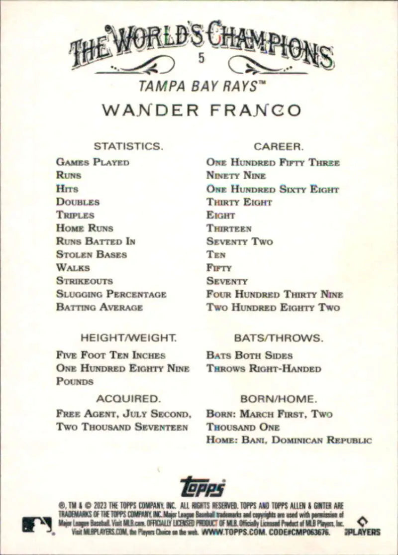 Baseball card featuring Wander Franco’s stats from 2023 Topps Allen and Ginter