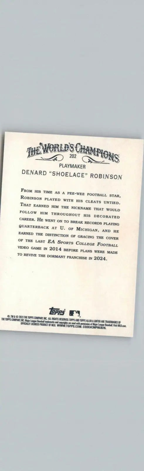 Baseball card back of 2023 Topps Allen & Ginter Denard Shoelace Robinson Detroit Lions