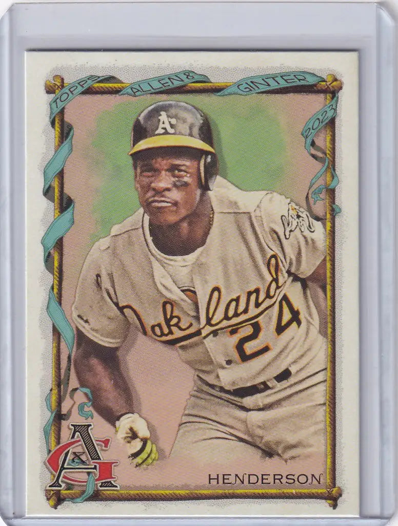 Baseball card of Rickey Henderson Oakland Athletics in jersey number 24 Topps Allen Ginter
