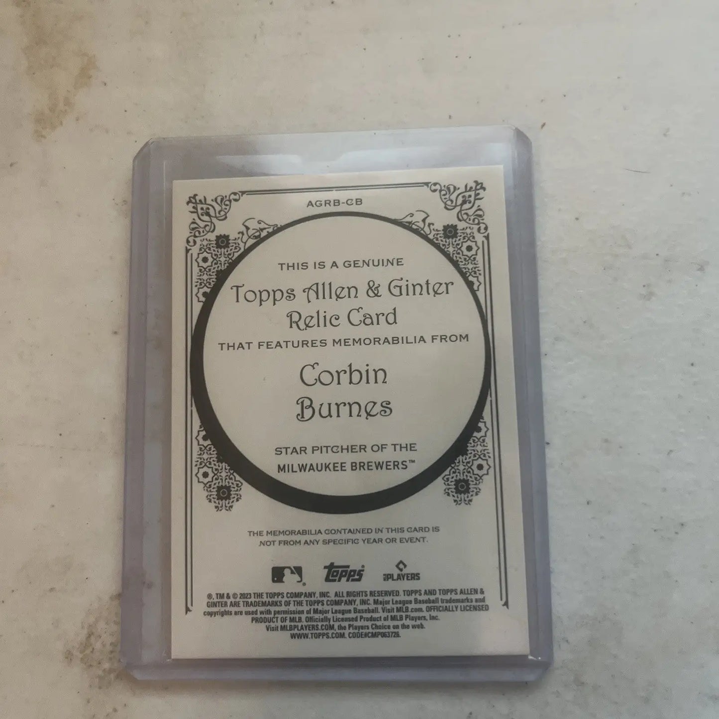 Corbin Burnes Topps Allen & Ginter relic card for baseball trading collectors