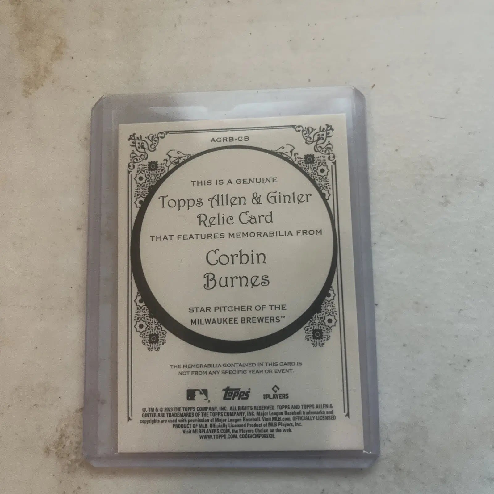 Corbin Burnes Topps Allen & Ginter relic card for baseball trading collectors