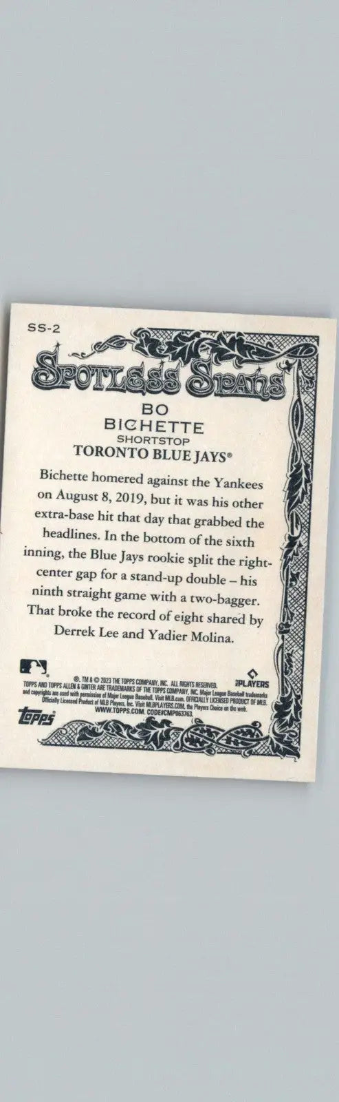Bo Bichette baseball card featuring Toronto Blue Jays in the 2023 Topps Allen & Ginter collection