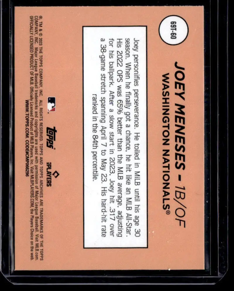 Back side of 2023 Topps Archives Single Player Foil Joey Meneses Baseball Card