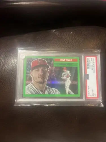 Encased Mike Trout baseball card from 2023 Topps Archives Green PSA 8 2/99 trading cards
