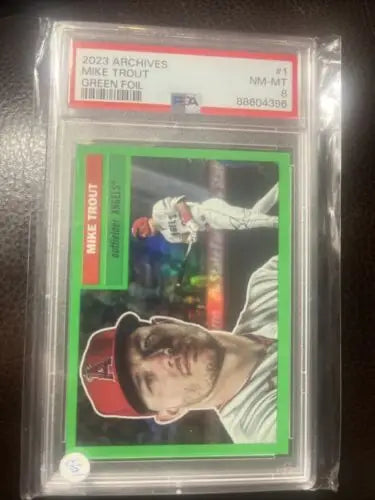 Graded Mike Trout trading card from 2023 Topps Archives Green PSA 8 2/99 edition