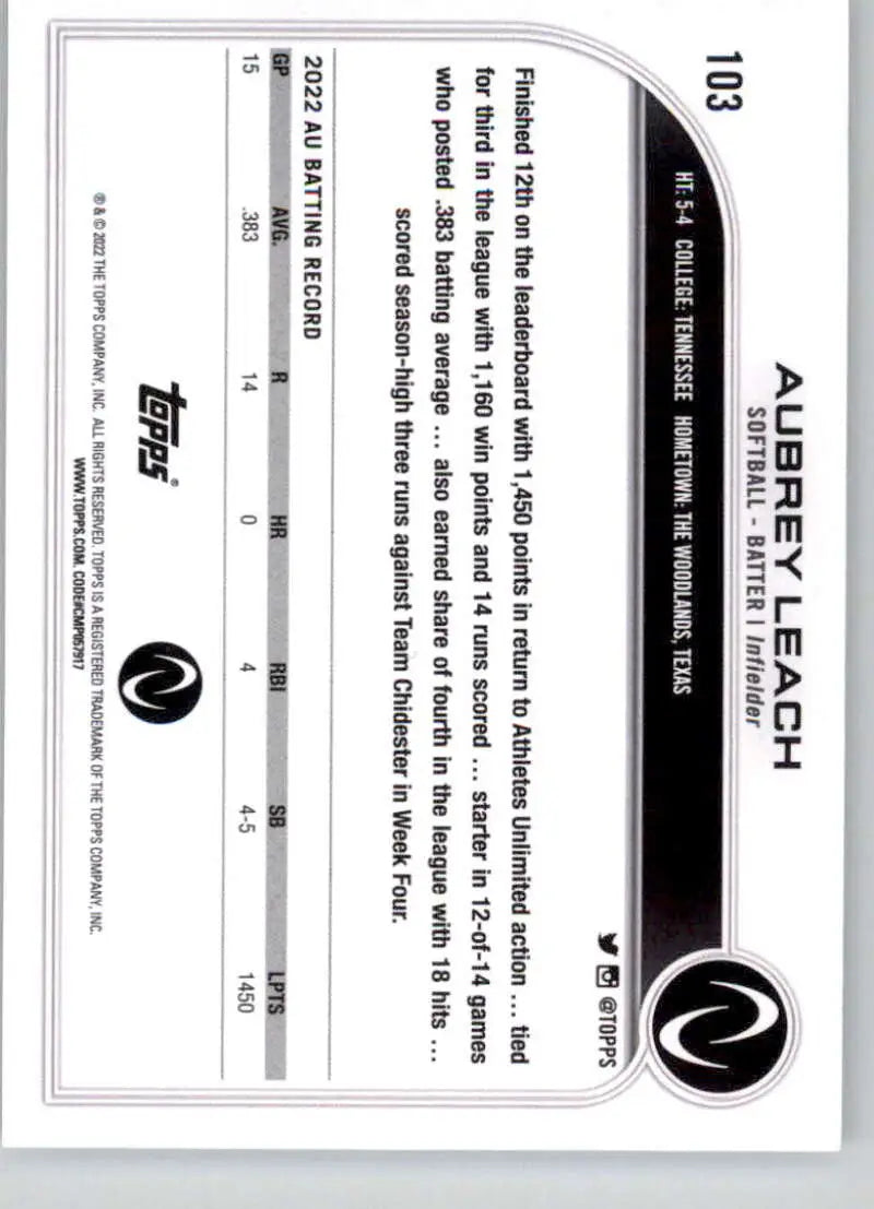 Black and white trading card featuring Aubrey Leach from Topps Athletes Unlimited Softball