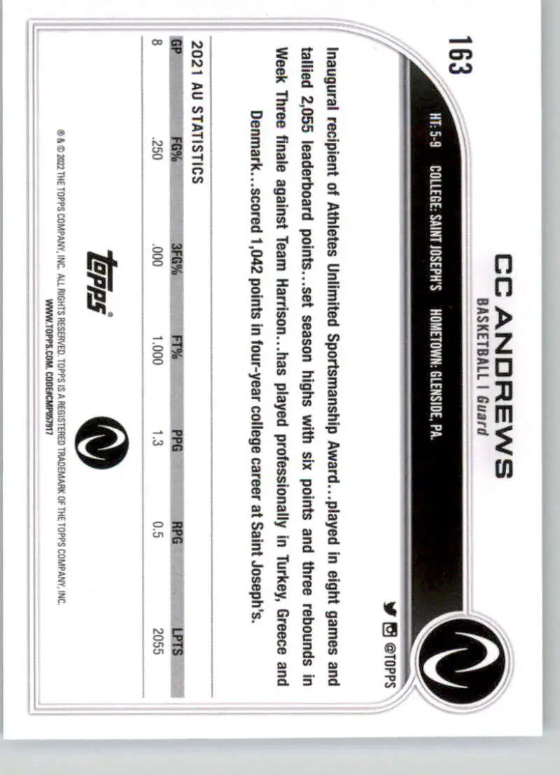 Black and white Andrews CD/DVD label for 2023 Topps Athletes Unlimited Basketball Card
