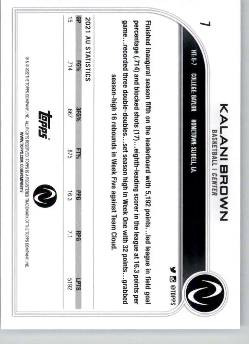 Black and white certificate featuring Kalani Brown atop a Topps Athletes Unlimited card