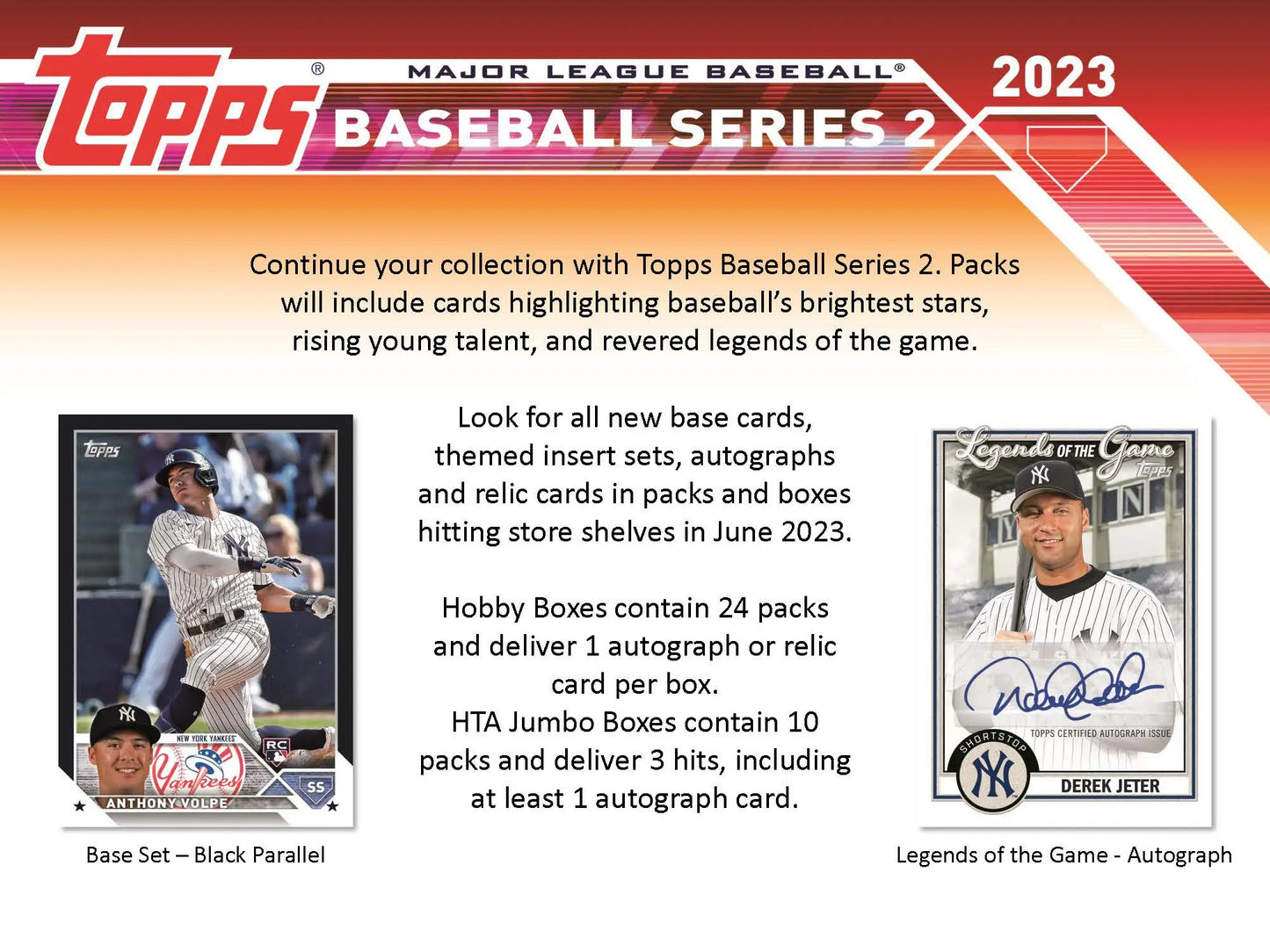 Advertisement for 2023 Topps Baseball Series 2 Jumbo HTA Card Box featuring Topps Baseball Series 2