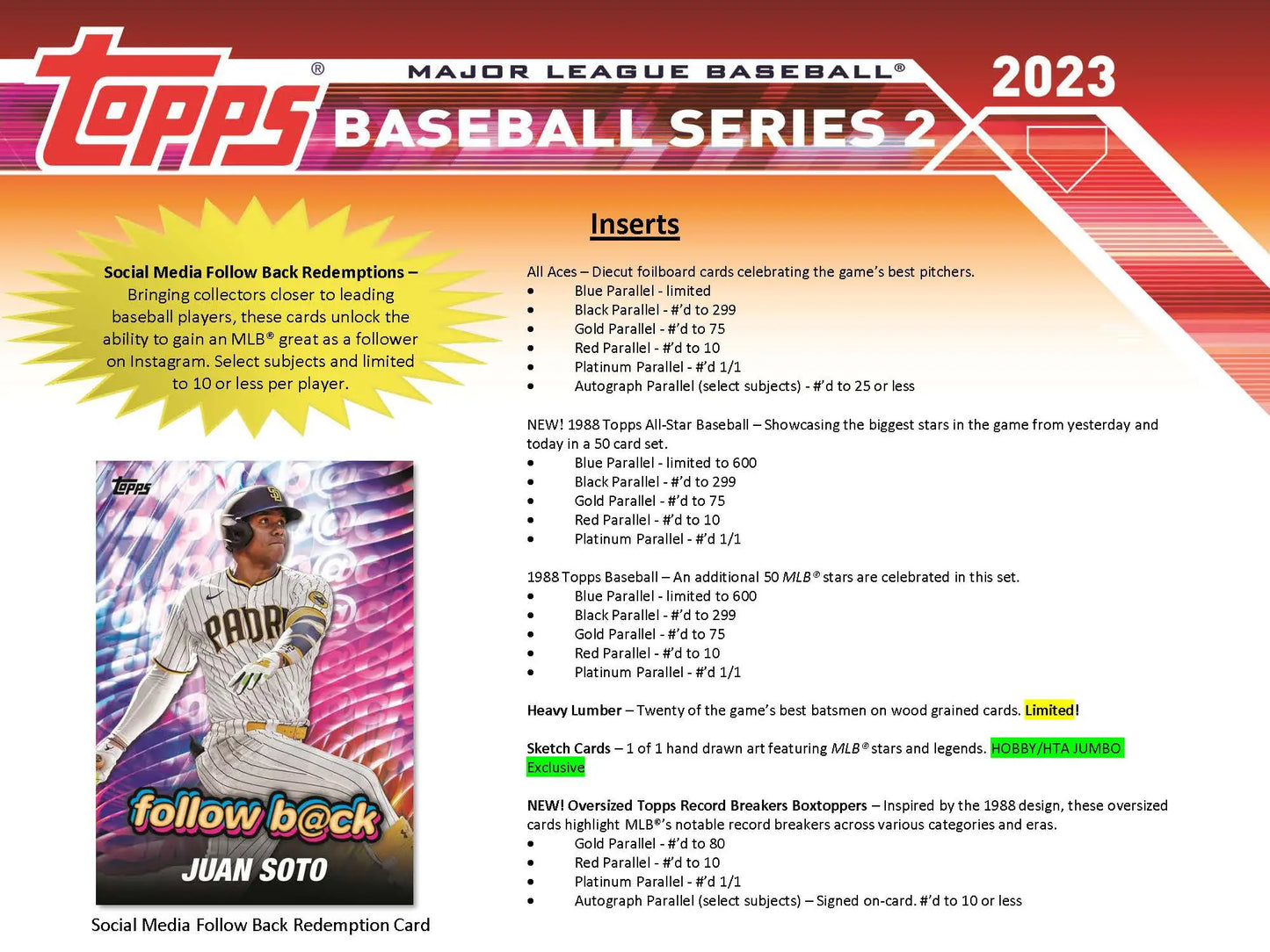 Baseball card product info sheet for 2023 Topps Baseball Series 2 Jumbo HTA Box