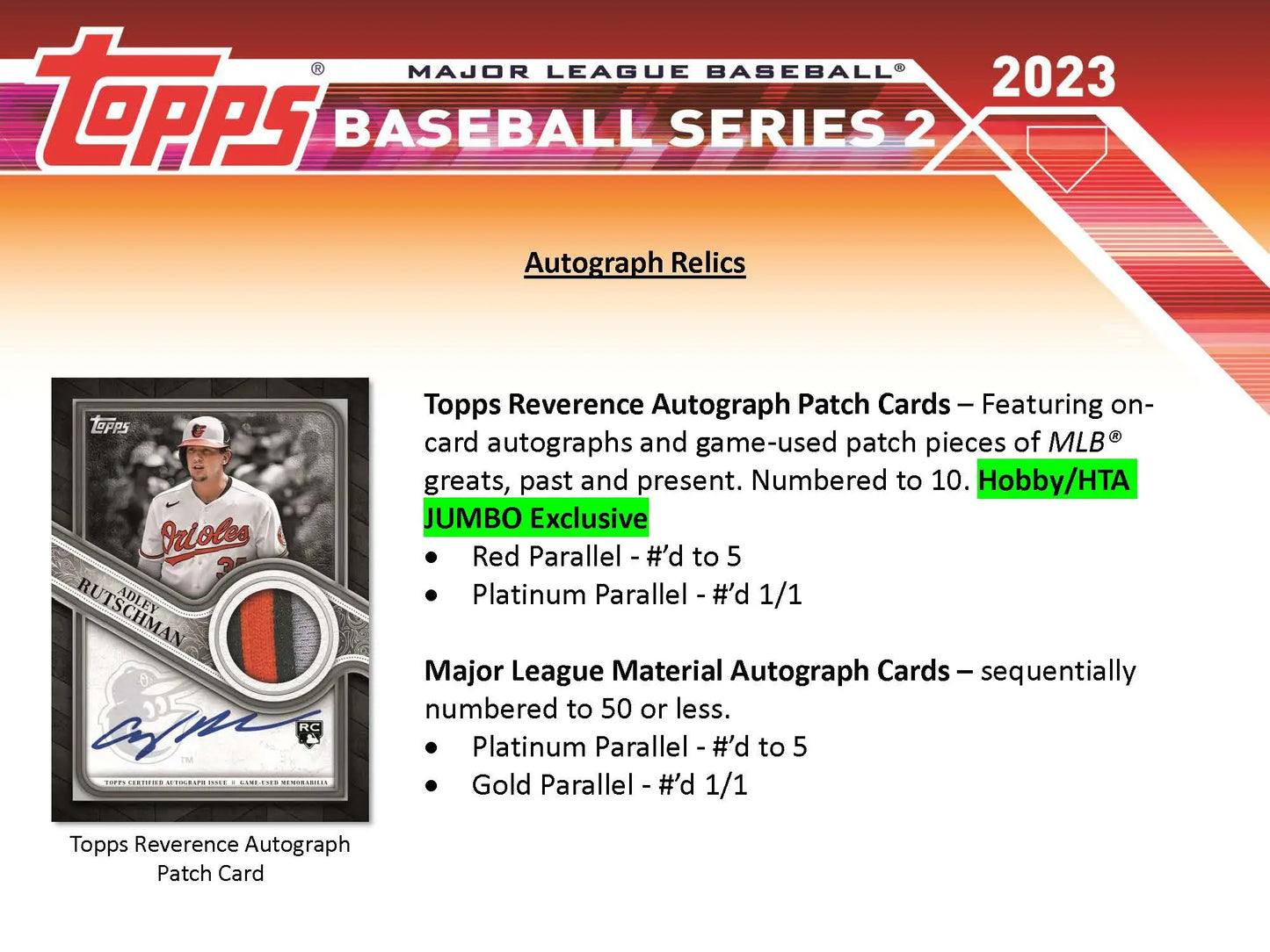Baseball card advertisement from 2023 Topps Baseball Series 2 Jumbo HTA Box