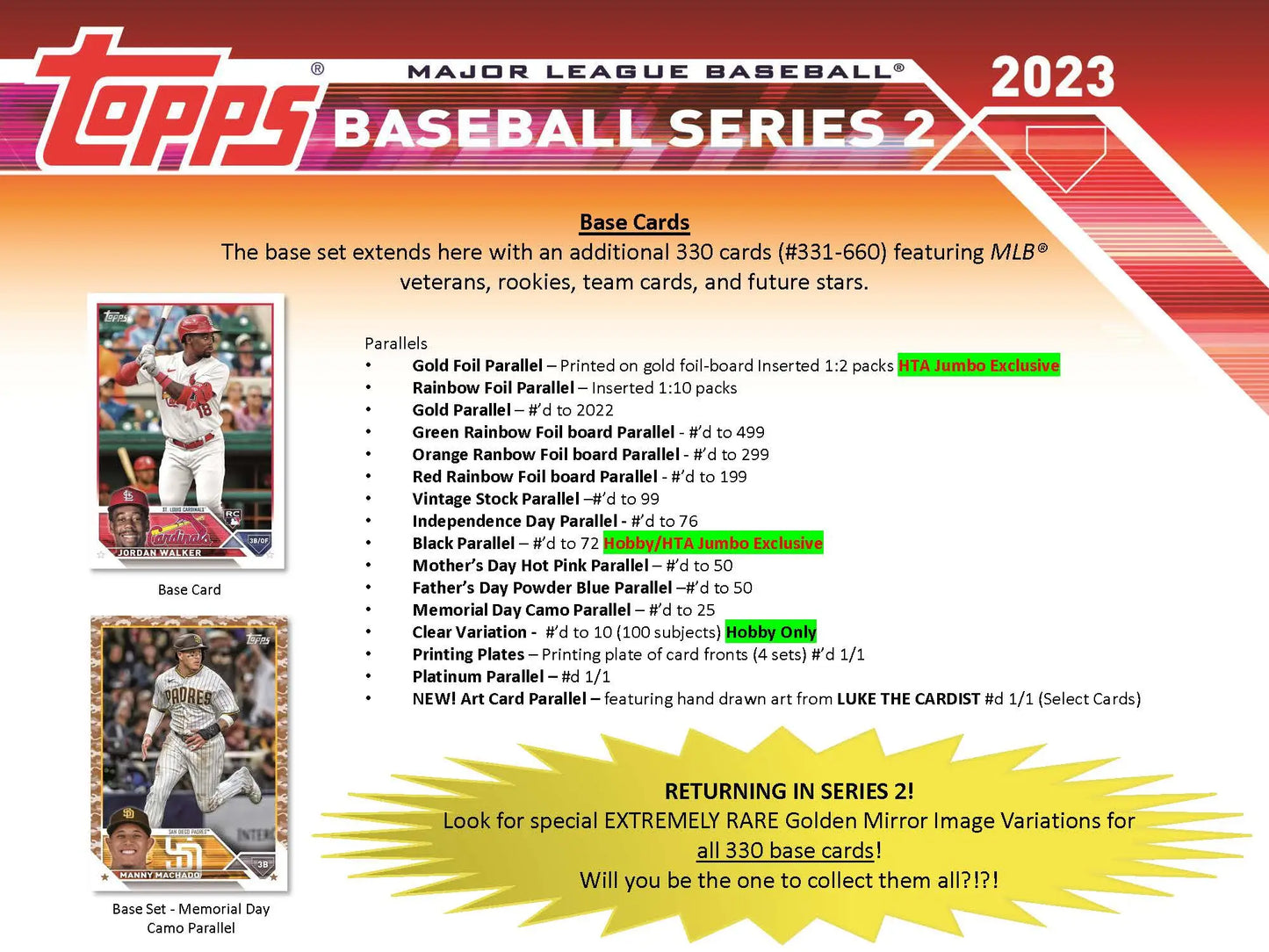 Topps Baseball Series information on the 2023 Topps Baseball Series 2 Jumbo HTA Card Box