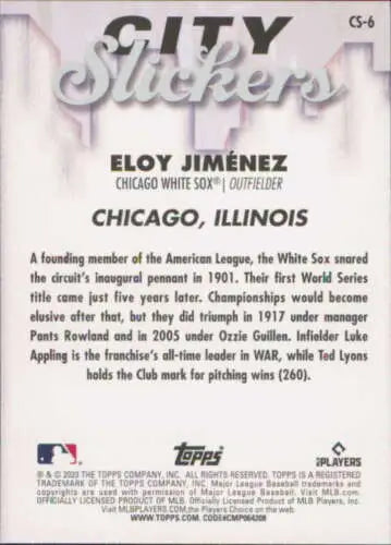 Back of the 2023 Topps Big League City Slickers Eloy Jimenez card with original gloss