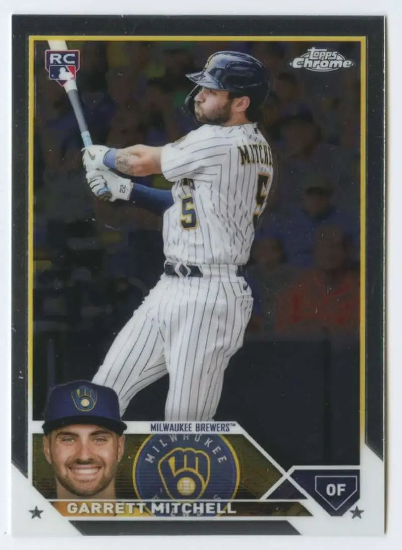 Garrett Mitchell swinging bat in 2023 Topps Chrome Milwaukee Brewers rookie card