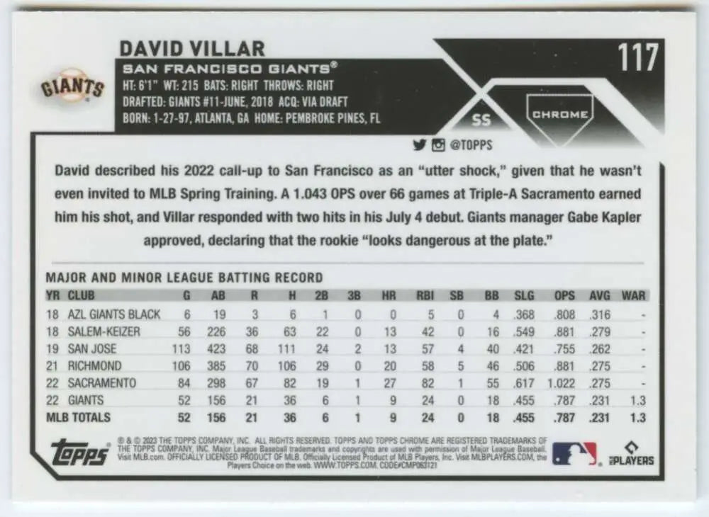 Baseball card of David Villar highlighting Topps Chrome rookie statistics for the Giants