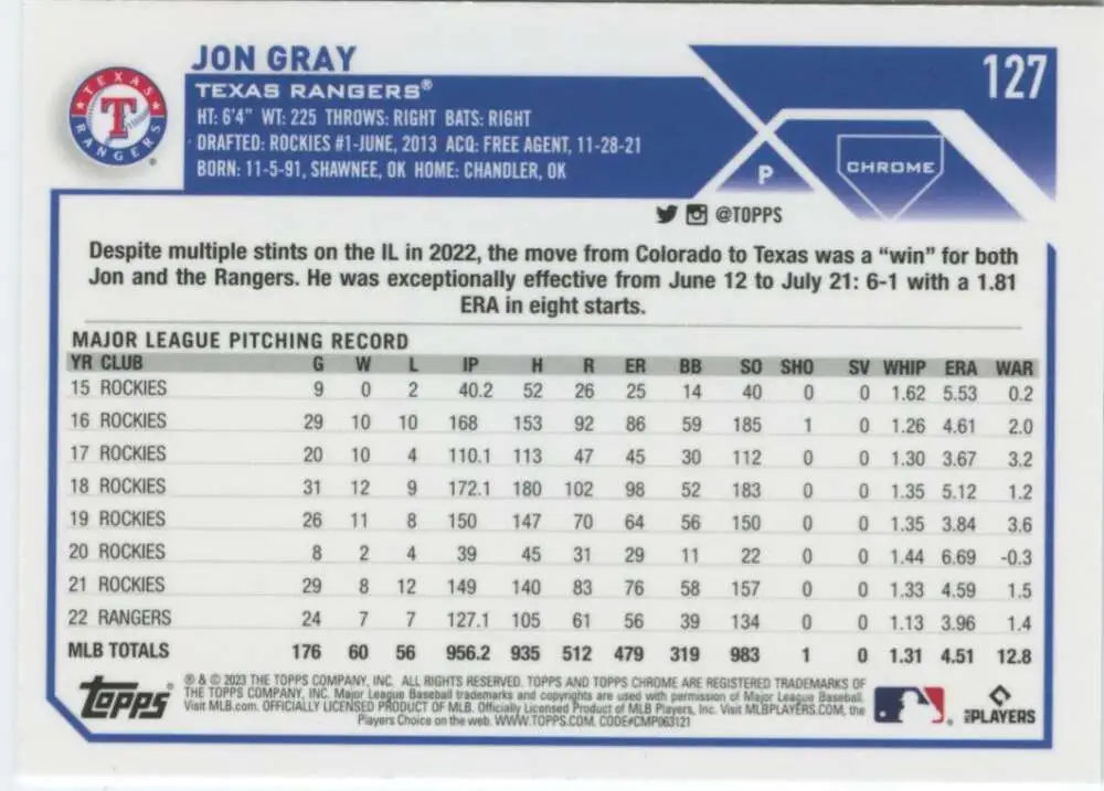 2023 Topps Chrome #127 Jon Gray Texas Rangers Baseball Card in NM-MT condition