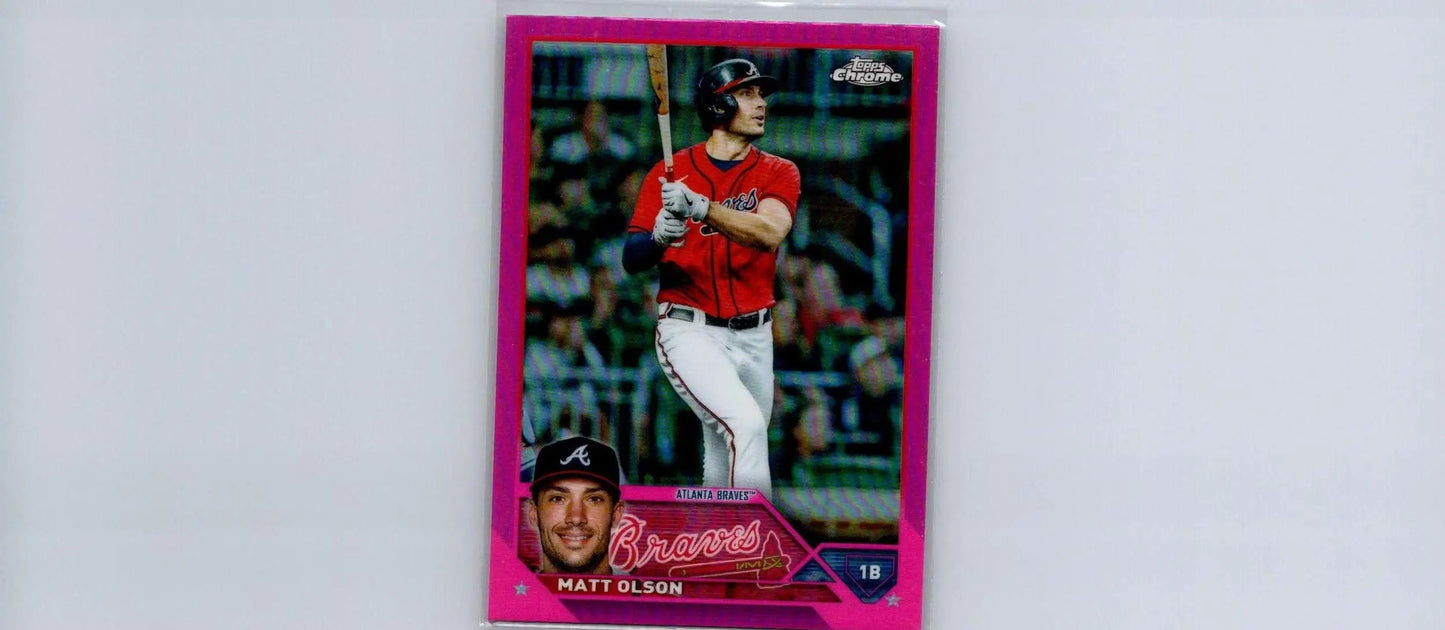 Matt Olson baseball card from 2023 Topps Chrome #163 featuring Pink Refractors