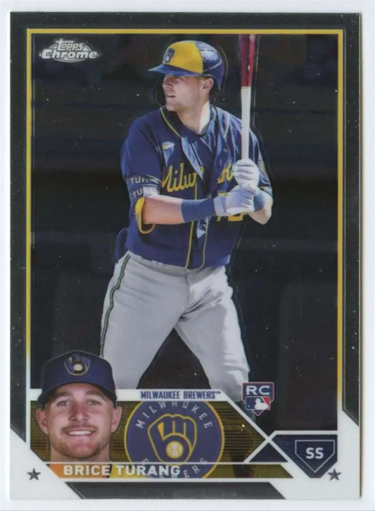 Brice Turang batting in navy and gray uniform on Milwaukee Brewers baseball card 2023 Topps Chrome
