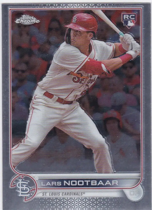 Baseball card of Lars Nootbaar at bat for St. Louis Cardinals in Topps Chrome set