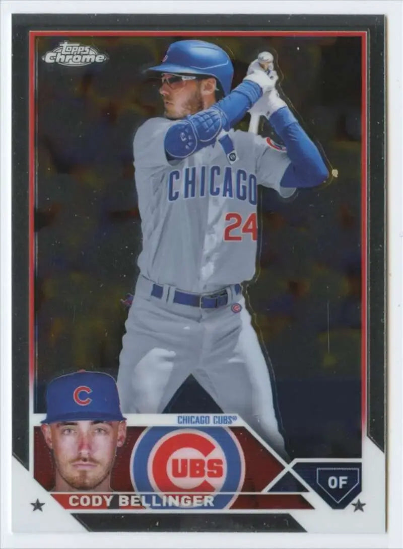 Cody Bellinger 2023 Topps Chrome baseball card featuring Chicago Cubs road uniform number 24