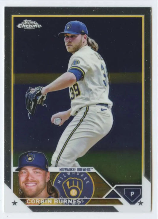 Baseball card of Corbin Burnes in Milwaukee Brewers uniform from Topps Chrome 2023