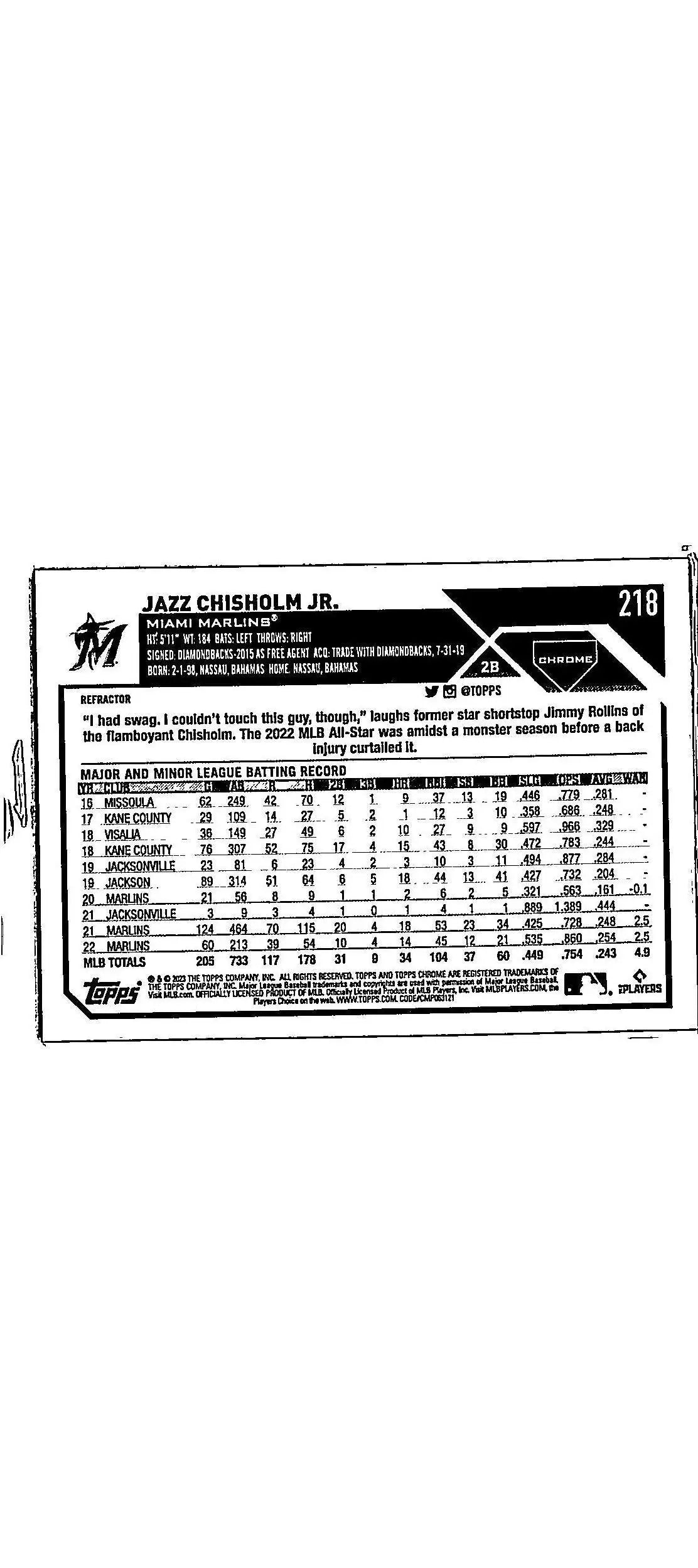 Baseball card back of 2023 Topps Chrome Jazz Chisholm Jr. Refractors trading card