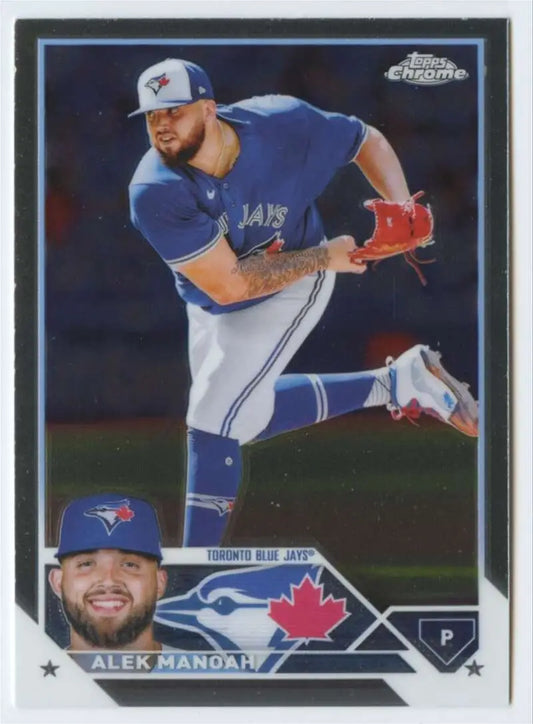 Alek Manoah mid-throwing in blue uniform on Toronto Blue Jays baseball card