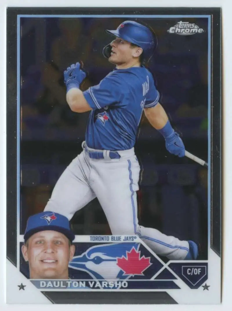 Daulton Varsho in batting stance on 2023 Topps Chrome Toronto Blue Jays card