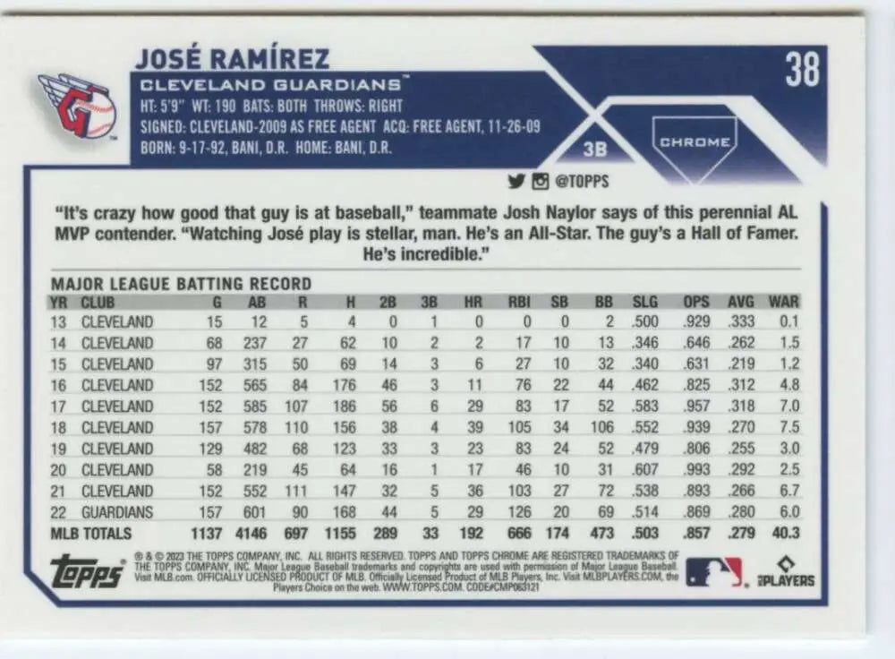 José Ramírez Cleveland Guardians 2023 Topps Chrome #38 baseball card in NM-MT condition