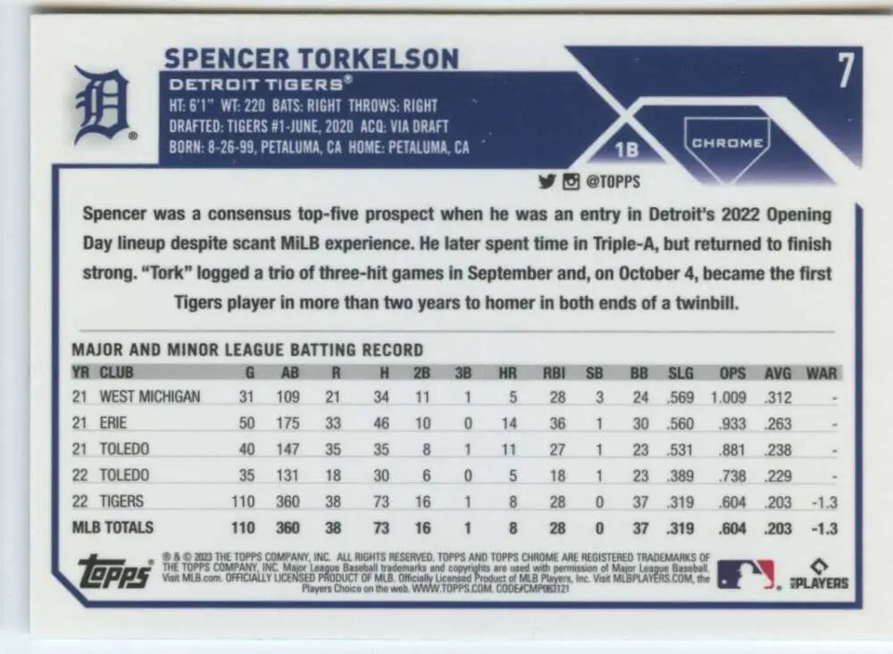 2023 Topps Chrome #7 Spencer Torkelson NM-MT Detroit Tigers Baseball Card image