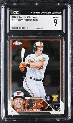 Graded Adley Rutschman baseball card from 2023 Topps Chrome Adley series in CGC 9